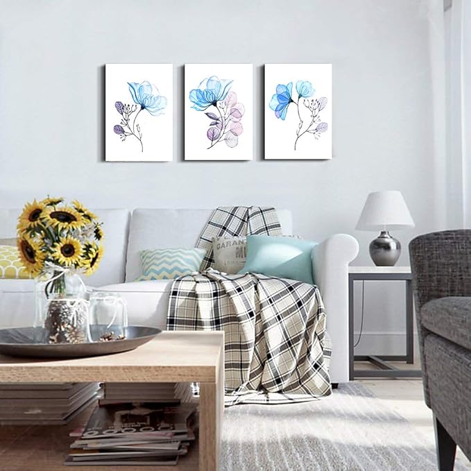 Modern blue flowers Canvas Wall Art for bedroom Living Room,Bathroom Wall Decor,3 Panels Wall Painting Home Decoration kitchen Canvas Print Abstract watercolor flowers and leaves artwork wall mural