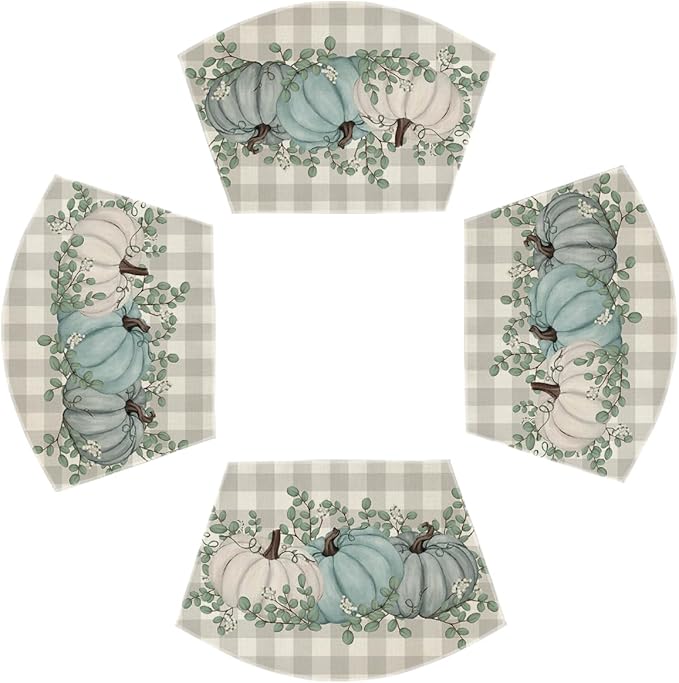 Artoid Mode Bule Buffalo Plaid Pumpkin Leaf Round Table Wedge Placemats Set of 4, Seasonal Fall Kitchen Dining Table Decoration for Indoor Party Home