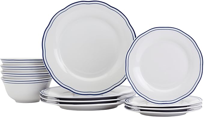 Tabletops Gallery 12-Piece White with Blue Striped Ceramic Dinnerware Set of Kitchen Dishes, Scalloped Dinner Salad Plates Cereal Bowls, Service for 4, Vintage Stripe