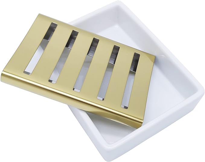 Lofekea Ceramic Soap Dish Gold Stainless Steel Soap Holder for Shower and Bathroom Double Layer Draining Soap Box