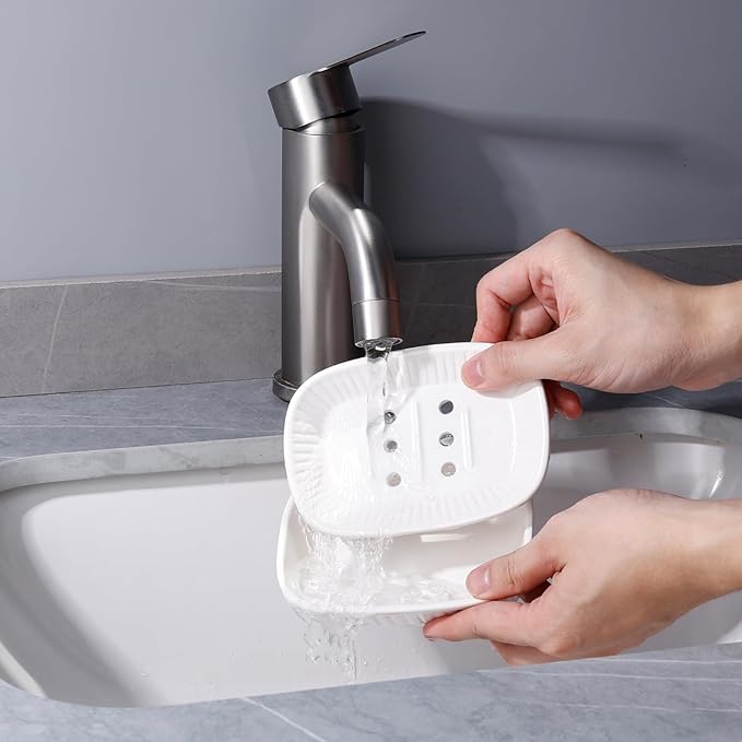 Ceramic Soap Dish, Self-draining Soap Holder, Double Layer Bar Soap Holder, White Draining Soap Dishes for Bathroom Shower Kitchen, Minimalist Vintage Style, Keep Soap Dry, ANTIS'S HOME