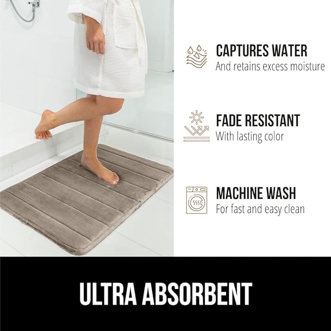 GORILLA GRIP Memory Foam Bath Mat, Soft Absorbent US Designed Bathroom Rug, Gripping Dots Machine Washable Bathmat, Cushioned Floor Mats, Shower Sink Rugs Room Décor Accessories, 24x17 Taupe