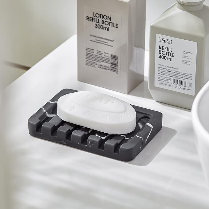 2PCS Self Draining Soap Dish - Marble Look Soap Holder Tray Savers Box Container Sponge Holder for Bathroom Shower Kitchen, Black