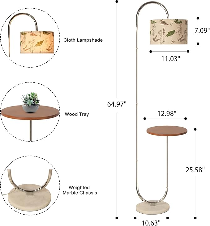 Hsyile Arc Floor Lamp with Hanging Drum Shade for Living Room-Marble Base Modern Tall Stand Up Light with Table, Contemporary Over The Couch Chrome Lamp Standing Lamps