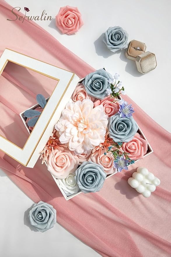Serwalin Artificial Flowers, Blue Pink Wedding Flowers Fake Silk Flowers for DIY Wedding Bridal Bouquets Arrangements Baby Shower Home Cake Decor