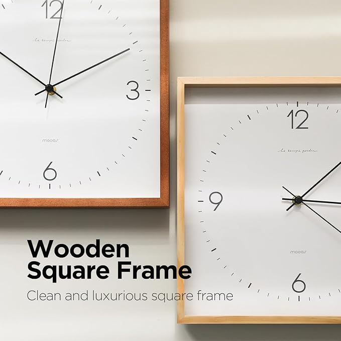 mooas Wooden Frame Flatwood Wall Clock,12" Non-Ticking Sweep Movement Decorative Battery Operated Wall Clock for Home Living Room Kitchen Bedroom Office School (Dark Brown)