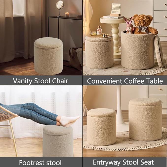 Round Ottoman with Storage Set of 2-Upholstered Velvet Vanity Stool for Makeup Multifunctional Ottomans Coffee Table Padded Seat Foot Rest for Living Room&Bedroom (Cream)