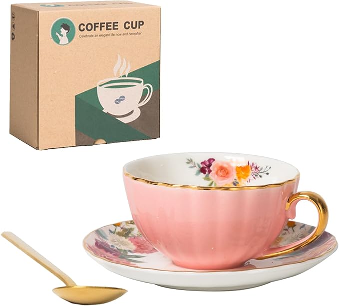 Pink Tea Cup and Saucer,Porcelain Coffee Cup Royal Ceramic Floral Lined Teacup with Gold Trim and Spoon,8 oz Vintage British Cup for Latte,Cappuccino,Porcelain Tea Sets Gift for Birthday Teaparty
