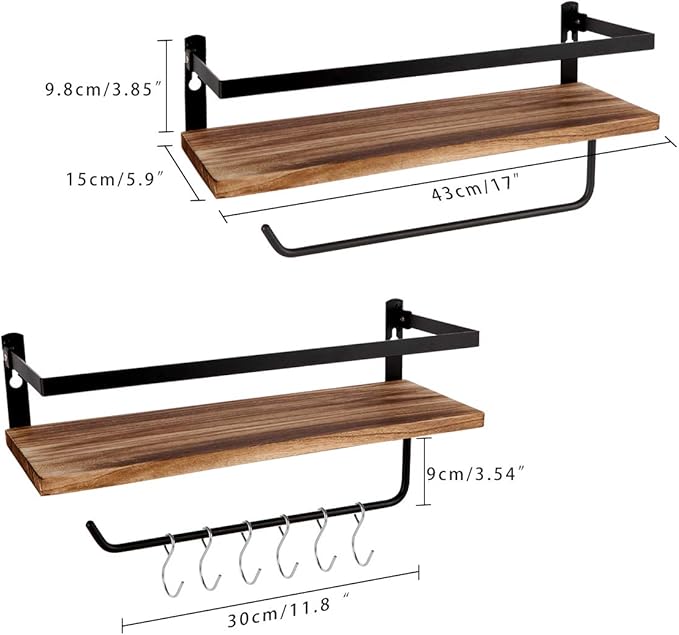 Floating Shelves,Wall Mounted Shelf for Kitchen,Living Room,Bedroom,Bathroom Storage,Rustic Wood,Set of 2(Carbonized Black)