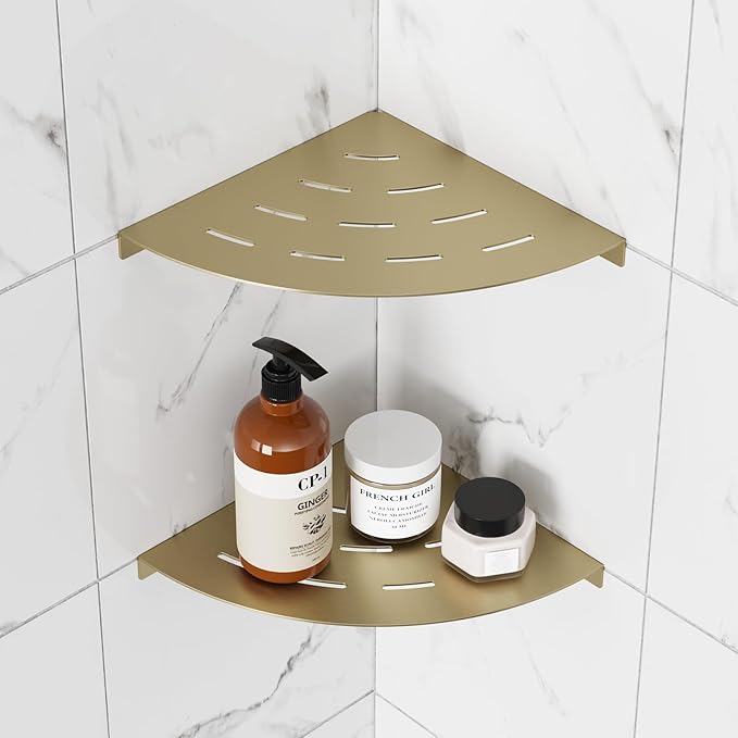 2 Pack Corner Shower Shelves 304 Stainless Steel Brushed Gold Corner Shower Shelf Quick Drainage 8 in Drilling Installation