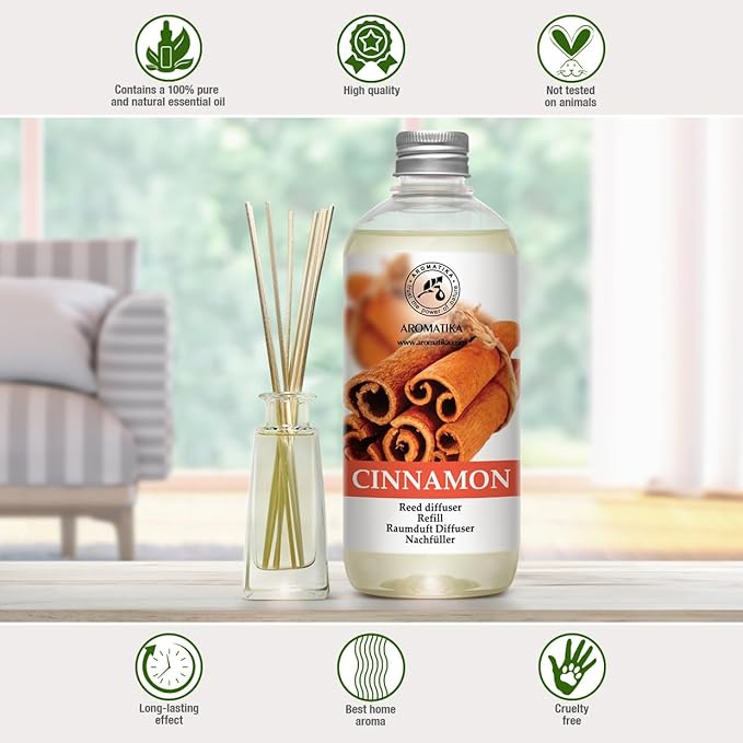 Cinnamon Reed Diffuser Refill with Natural Essential Cinnamon Oil 17 oz - Fresh & Long Lasting Fragrance - Best for Aromatherapy - Home - Office - Fitness Club - Restaurant - Boutique