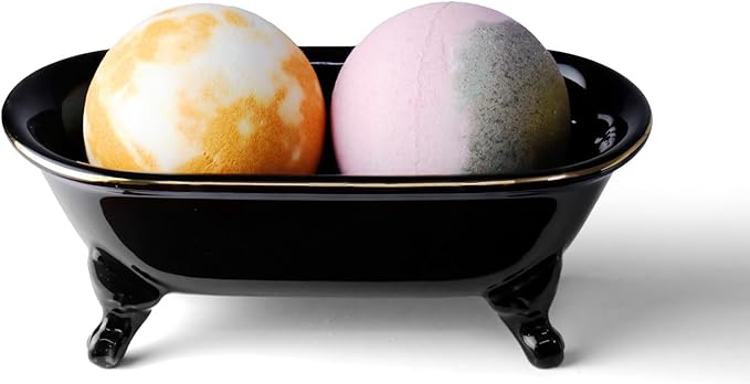6.5" Ceramic Mini Decorative Clawfoot Bathtub Bar Soap Dish, Kitchen Sponge Holder and Shower Tray for Bathroom, 1 Pack (Black Gold Rim)