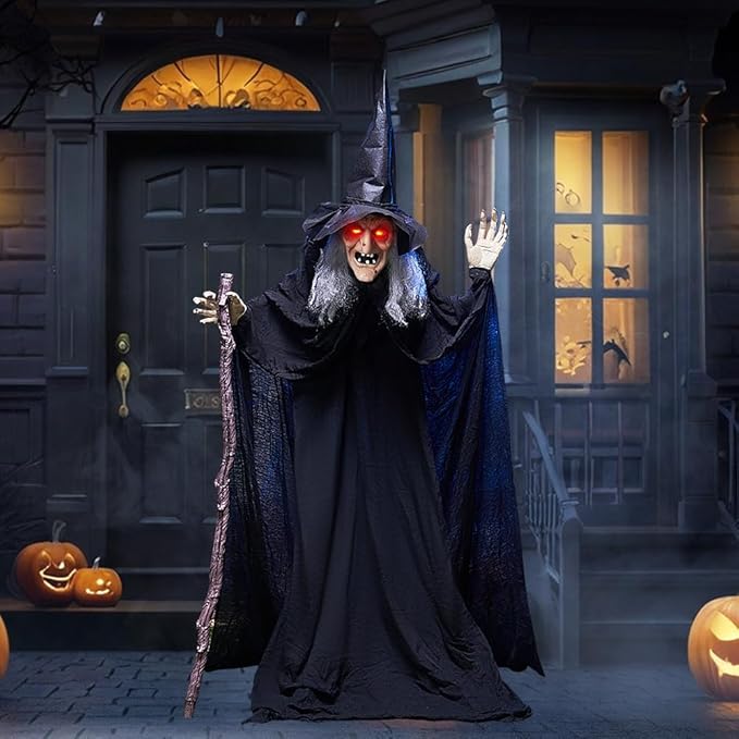 JOYIN 72" Outdoor Halloween Decorations Animatronics Witch with Cane, Life Size Animated Ghost Haunted House Prop Décor with Creepy Sound and Light-up Eyes, Party Supplies
