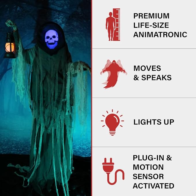 Haunted Hill Farm Motion-Activated Looming Phantom, Plug-in Talking Halloween Animatronic for Standing or Hanging Indoor or Covered Outdoor Creepy Decorations