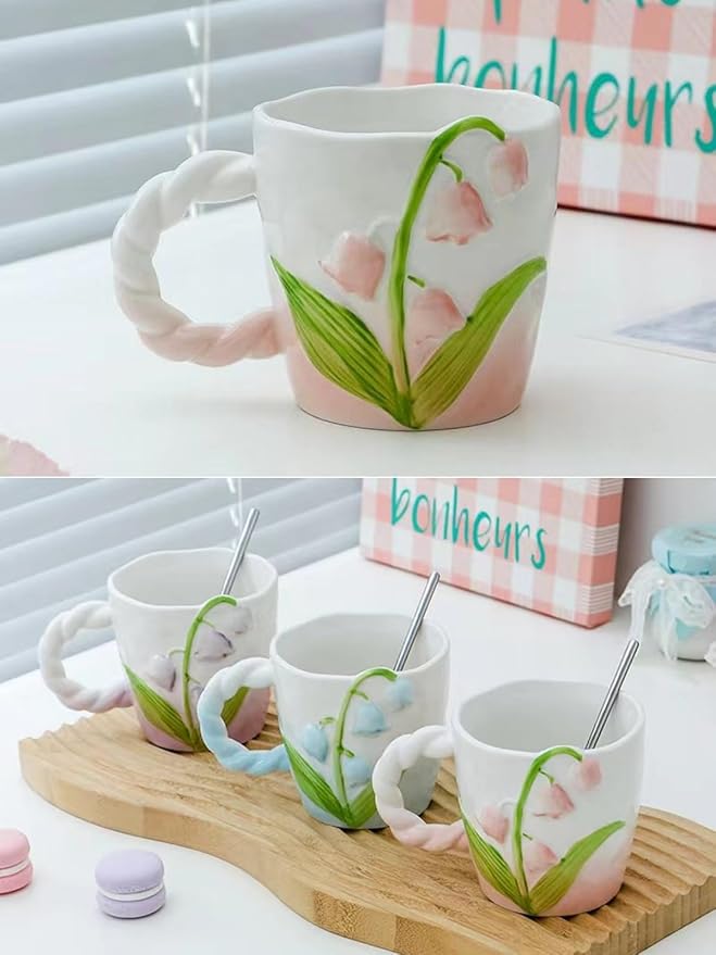 Flower Mugs with Handle, Cute Ceramic Coffee Teacups for Women, Floral Girly Mugs for Christmas, 13oz (Pink)