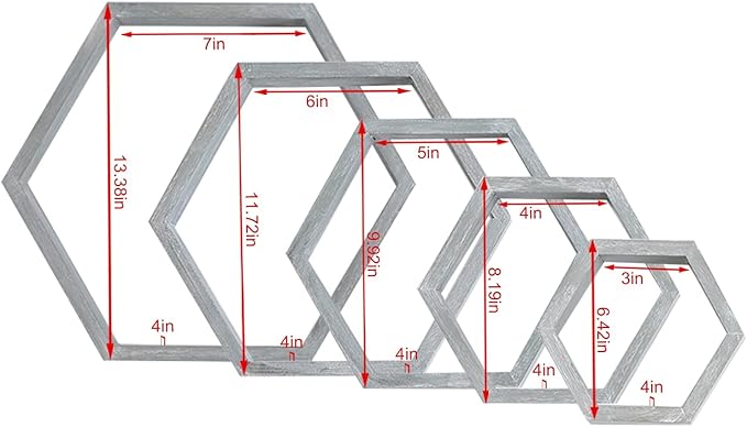 PHOENANCEE Hexagon Floating Shelves,Wall Mounted Wood Farmhouse Storage Honeycomb Wall Shelf Set of 5,for Bathroom, Kitchen, Bedroom, Living Room,Office,Driftwood Finish (Vintage Grey)