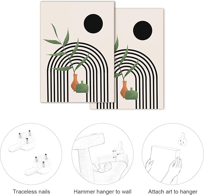 Gisipameis Framed Boho Wall Art Set of 3, Mid Century Modern Decor, Minimalist Black Beige Botanical Bathroom Wall Art 12" x 16" Canvas Prints Ready To Hang for Bedroom Living Room