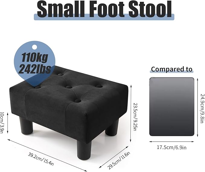 BRIAN & DANY Small Foot Stool, Velvet Foot Stools with Legs, Stable Small Footstool for Living Room, Black