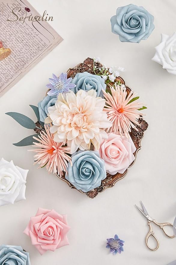 Serwalin Artificial Flowers, Blue Pink Wedding Flowers Fake Silk Flowers for DIY Wedding Bridal Bouquets Arrangements Baby Shower Home Cake Decor