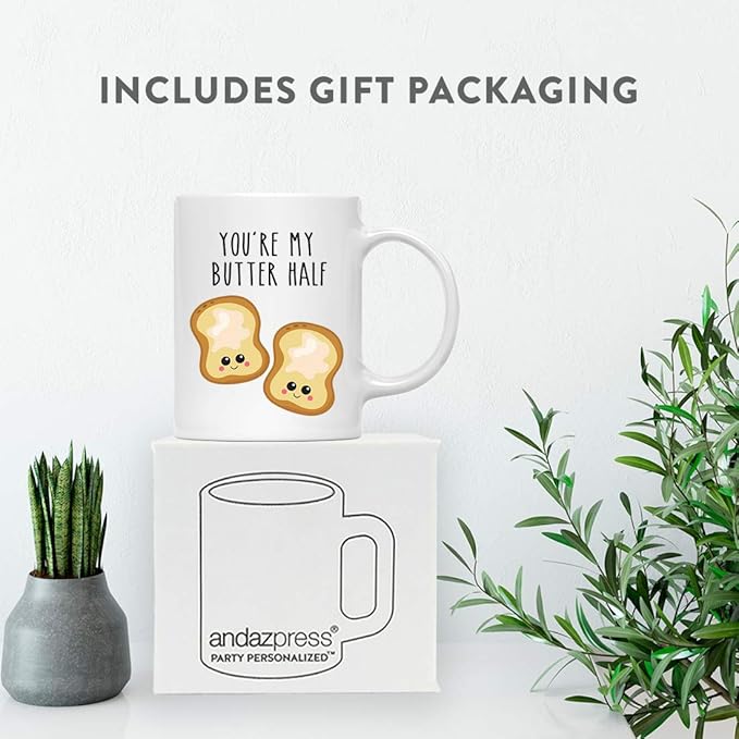 Andaz Press Valentine’s Day Funny 11oz. His Her Couples Coffee Mug Gift, You're My Butter Half, Bread Graphic, 1-Pack, Gift Box