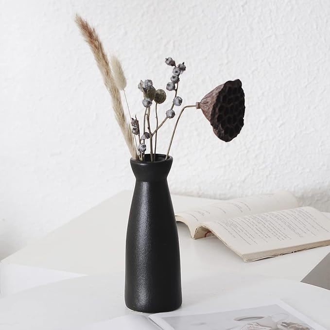 CEMABT Black Ceramic vase Set-3 Small Flower vases for Decor,Modern Boho Farmhouse Home Decor,Decorative vase for Pampas Grass&Dried Flowers,idea Shelf,Table,Bookshelf ,Entryway- Distressed