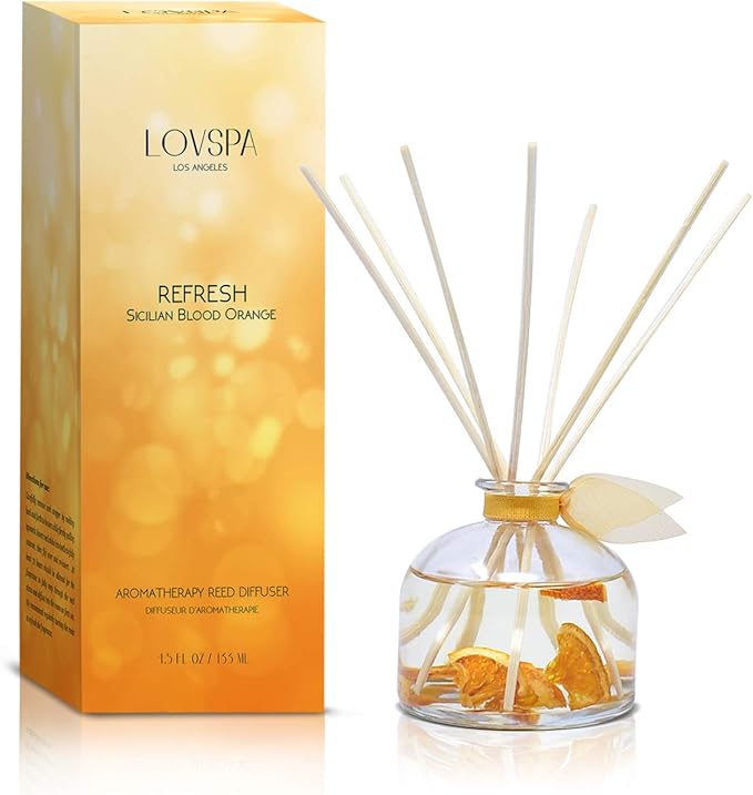 LOVSPA Refresh Sicilian Blood Orange Citrus Essential Oil Reed Diffuser Set with Real Orange Pieces! Aromatherapy Fragrance Room Air Freshener