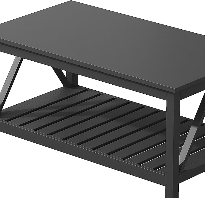 ChooChoo Coffee Table, Rustic Vintage Living Room Table with Shelf, 40 Pure Black