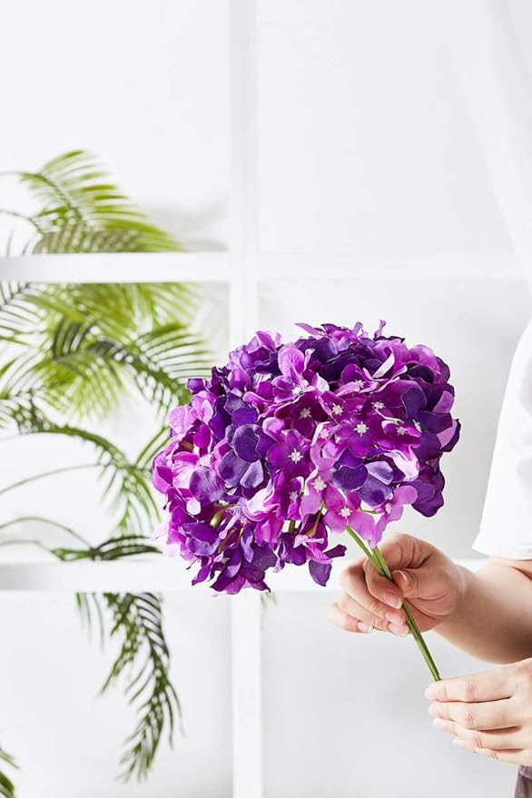 Artificial Hydrangea Flower Heads 10 Dark Purple Hydrangea Silk Flowers Head for Wedding Centerpieces Bouquets DIY Floral Decor Home Decoration with Long Stems