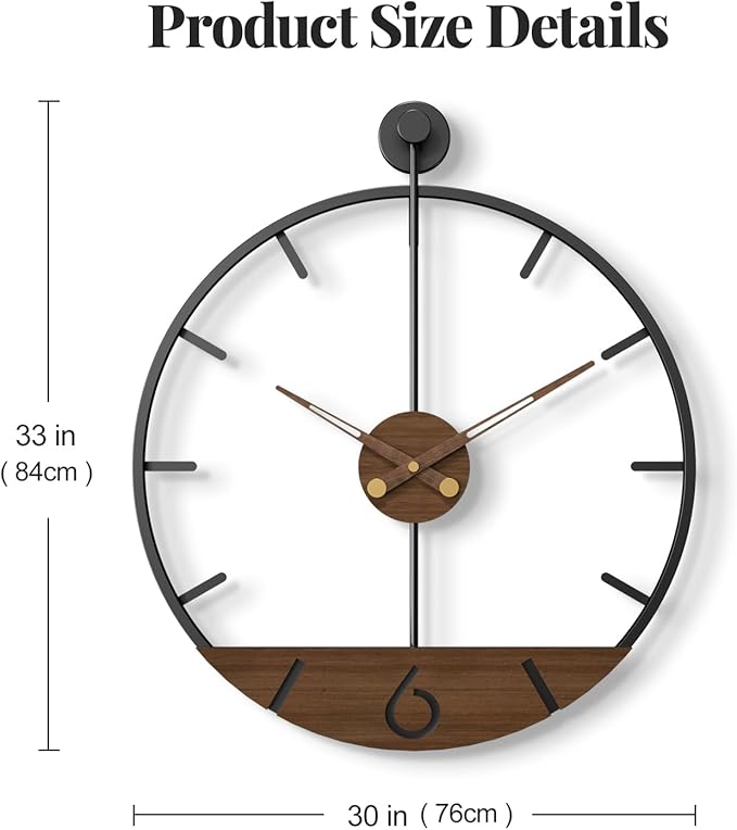 30 Inch Large Wall Clock for Living Room Decor, Walnut Wood Dial with Metal Frame, Silent Non Ticking Wall Clock Battery Operated for Kitchen, Office, or Bedroom
