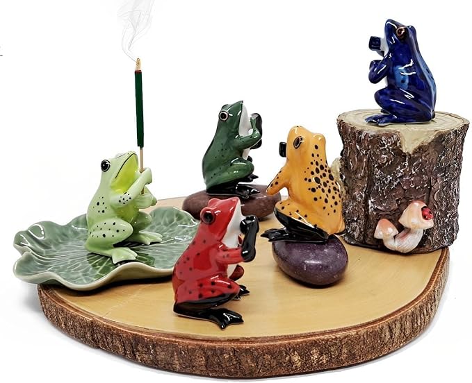 Tiny 2" High Yellow Black Frog On 4" Wide Lotus Leaf Incense Holder - Ceramic Incense Stick Tray Porcelain Miniature Handmade Animals Figurine Display Cute Mini Colorful Décor Gift