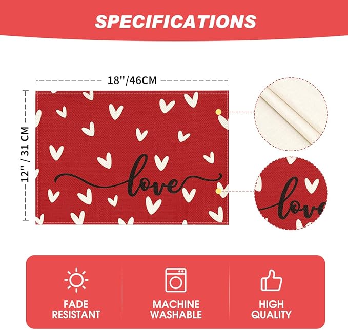 Artoid Mode Red Love Placemats Set of 6, 12x18 Inch Seasonal Anniversary Holiday Table Mats for Party Kitchen Dining Decoration