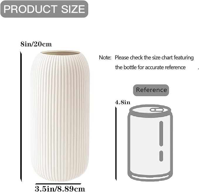 White Ceramic Vase for Flowers, 8 INCH Modern Small Ribbed Textured White Flower Vase for Home Decor, Pampas Grass, Decorative, Farmhouse, Coffee Table, Bookshelf and Home Living