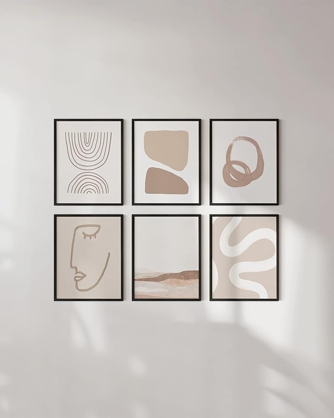 HAUS AND HUES Frameable Beige Boho Art Wall Decor - Set of 6 Neutral Mid Century Modern Wall Art, Minimalist Wall Art, Neutral Wall Decor, Beige Boho Posters for Room Aesthetic (Black Frame, 16x20)