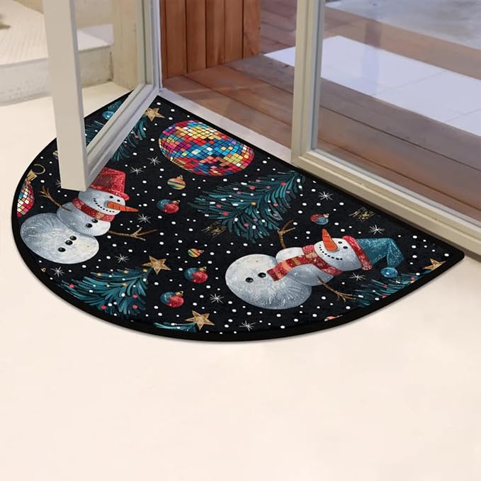 Half Round Doormat Indoor Welcome Mat Winter Snowman Rugs Washable Kitchen Mat for Home Living Room Laundry Room Bedroom Fireplace Floor Mats Christmas