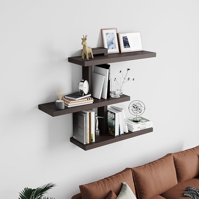 Variable Wood Floating Shelves Set of 3, Wall Cube Shelves 28.35" Max, Wall Shelves for Living Room Bathroom Bedroom - Dark Walnut Color - 28.35" x 23" x 5.9" Max