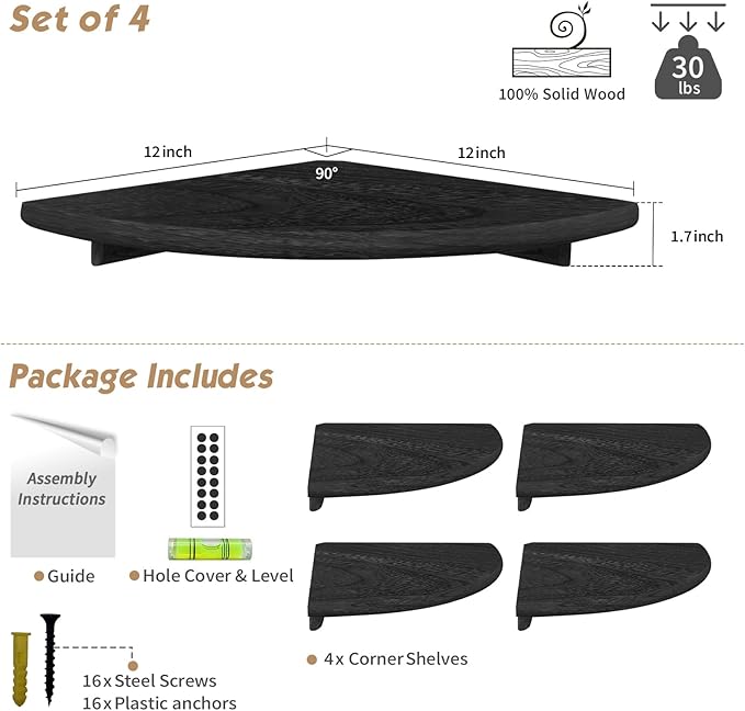 Forbena Black Floating Corner Bookshelf for Wall Set of 4, Large Corner Plant Shelves for Living Room, Rustic Rounded Corner Bookshelves Wall Mounted for Bedroom Books, Kitchen, Closet, Office
