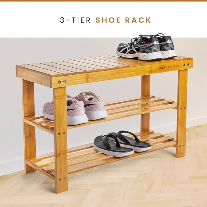 Leaf & Grain Bamboo Shoe Rack - Shoe Storage Bench for Front Door Entrance - Entryway Bench with Shoe Shelf, Shoe Storage Organizer, Wooden Shoe Rack, Durable Shoe Bench for Home (Natural)