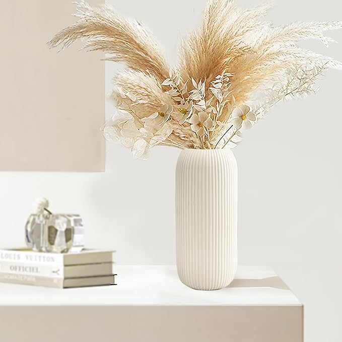 White Ceramic Vase for Flowers, Tall Home Decor Vase with Ribbed Texture, Vases for Centerpieces, Farmhouse Decor, Living Room, Christmas Decor Bedroom, Table, and Kitchen Shelf (10.2 in)