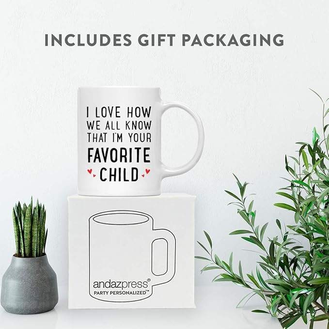 Andaz Press Valentine’s Day Funny 11oz. His Her Couples Coffee Mug Gift, I Love How We All Know That I'm Your Favorite Child, Heart Graphic, 1-Pack, Gift Box