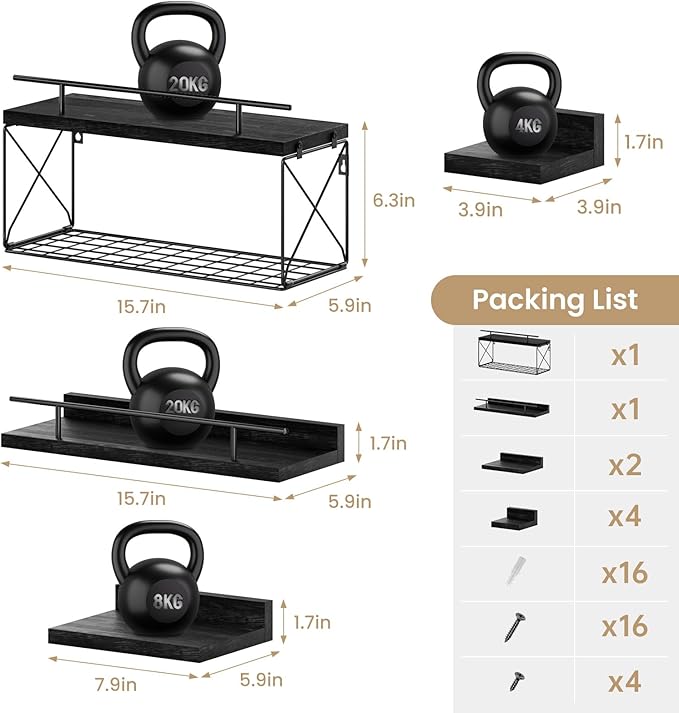Floating Shelves for Wall Set of 8, Wall Shelves for Decoration and Storage, Bathroom Shelves with Wire Storage Tier, Wood Shelves for Bathroom, Living Room, Bedroom, Kitchen (Black)