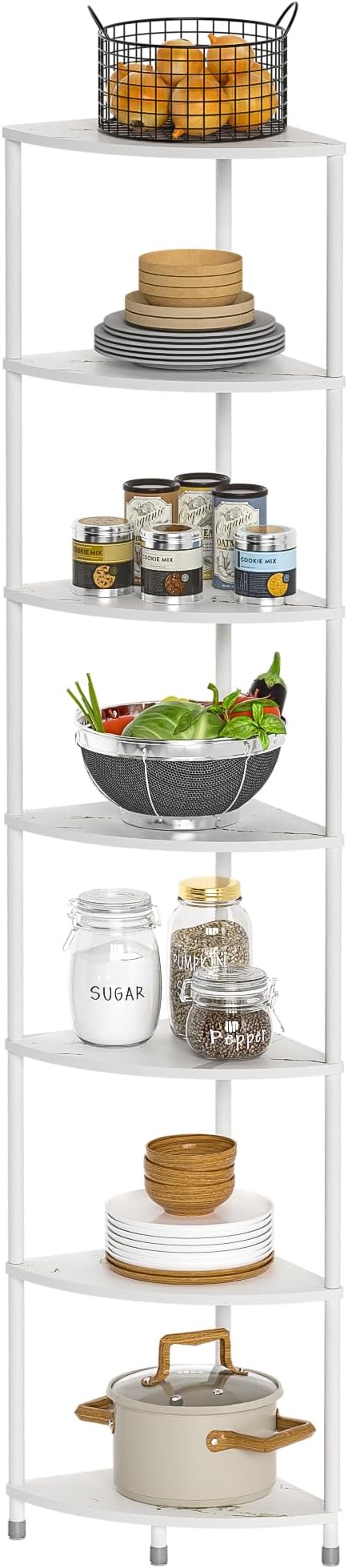 7 Tier Corner Shelf Stand Kitchen Organizer with Metal Frame for Organization & Storage Corner Shelves Kitchen Decor Accessories Marble White 64.7"