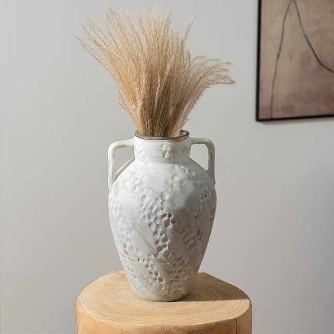 White Ceramic Rustic Vase with 2 Handles,10'' Vintage Farmhouse Stoneware Clay Flower Vase, Boho Pottery Terracotta Handmade Decorative for Home Living Room Kitchen