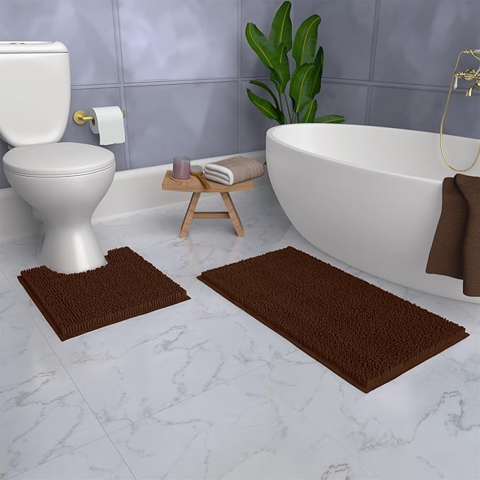 Bathroom Rugs Sets 2 Piece, Luxury Chenille Bath Mat Set, Soft Plush Anti-Slip Bath Rug + U-Shaped Toilet Mat. Microfiber Shaggy Carpet, Super Absorbent (24” x 36” & 20” x 24” U, Brown)
