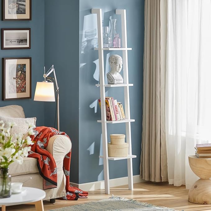 Haotian Ladder Shelves, 4-Tier Storage Display Organizer Rack, Wall-Leaning Bookshelf, Wooden Wall Shelf for Bathroom Living Room Study Room, White FRG15-W