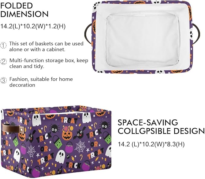 Happy Halloween Purple Storage Basket Fabric Kitchen Baskets Pumpkin Skull Ghost Bat Trick or Treat Open Home Storage Bins Boxes Foldable for Candy Toy Decorations Baskets 16×12×8 Inches
