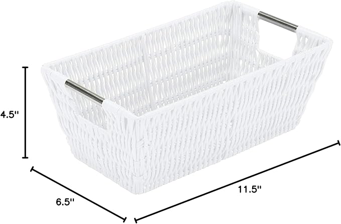 Simplify 11"x6.5"x4.5" Small Shelf Storage Woven Basket with Handles, Nursery, Playroom, Toys, Bedroom, Closet, Clothes, Office, Decorative Rattan Totes, White