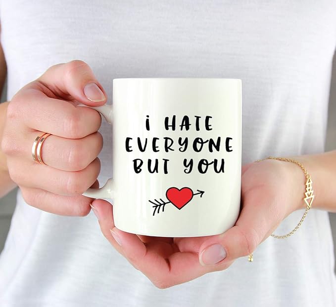 Andaz Press Valentine’s Day Funny 11oz. His Her Couples Coffee Mug Gift, I Hate Everyone But You, Heart Graphic, 1-Pack, Gift Box