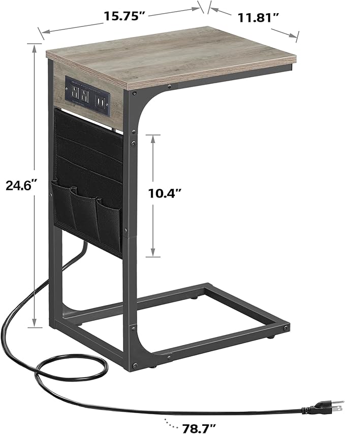 TUTOTAK C Shaped End Table with Charging Station, Side Table for Sofa, Couch Table with Storage Bag, Set of 2, TV Tray Table with 2 USB Ports and Outlets for Living Room, Bedroom, TB01BG0242