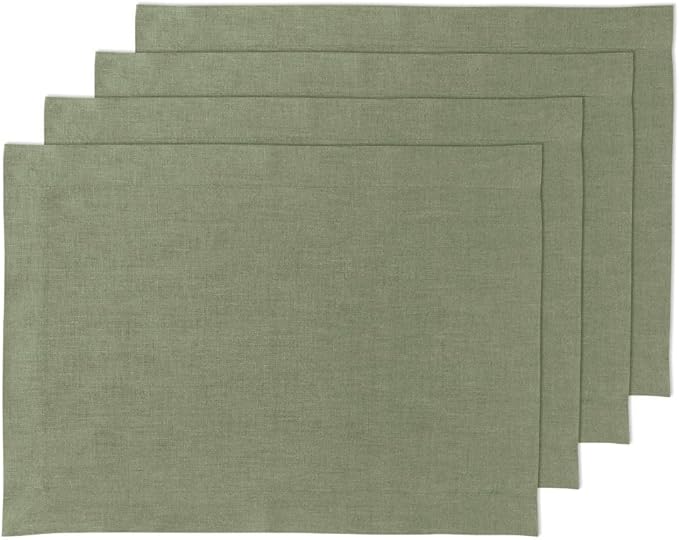 Solino Home Linen Cloth Placemats Set of 4-100% Pure Linen Oil Green Placemats 14 x 19 Inch for Summer - Fete