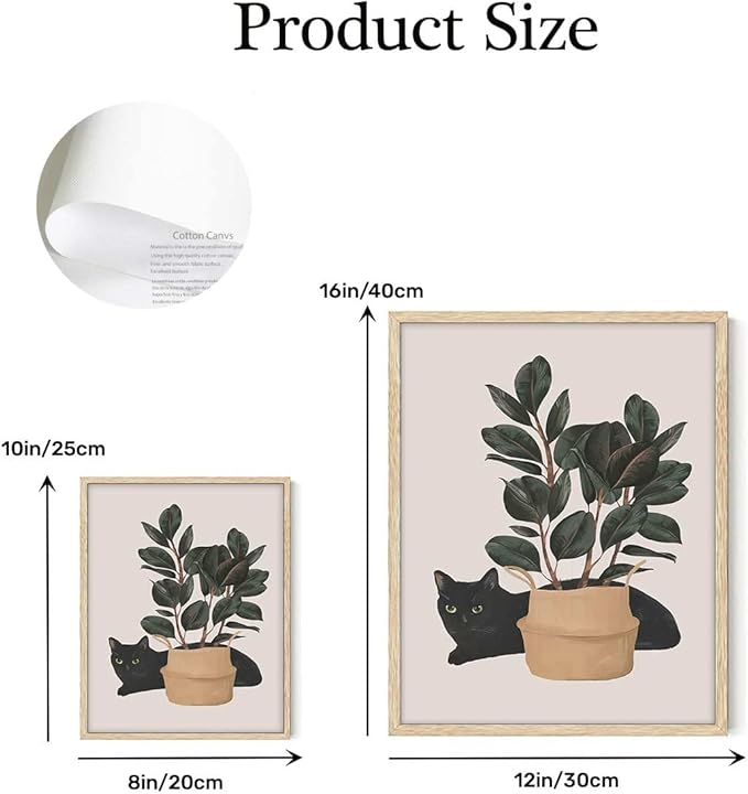 6pcs Cute Black Cat Botanical Wall Art, Green Leaves Plants Boho Wall Art Canvas Paintings, Minimalist Aesthetic Poster Prints Wall Decor Pictures for Living Room Bedroom Office, Unframed (8"x10")